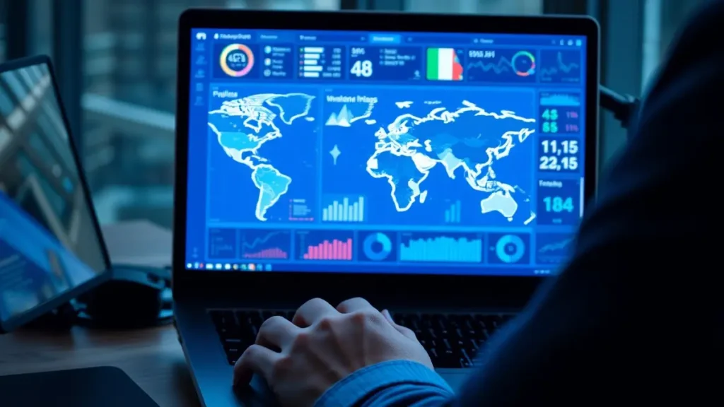 Una microimpresa italiana al lavoro su un laptop con grafici e dashboard digitali visibili