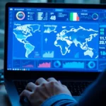 Una microimpresa italiana al lavoro su un laptop con grafici e dashboard digitali visibili