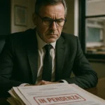 Dirigente scolastico in primo piano che esamina una cartella con il logo del Ministero