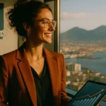 Donna imprenditrice felice in Campania che festeggia un successo finanziario