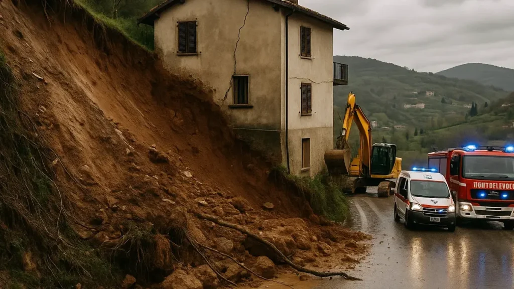 Frana su strada con danni visibili a case e auto