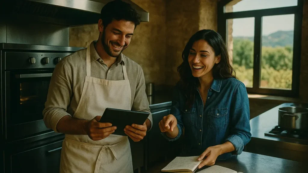 Giovani imprenditori sorridenti che lavorano in un agriturismo moderno finanziato con Resto al Sud in Sicilia