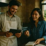 Giovani imprenditori sorridenti che lavorano in un agriturismo moderno finanziato con Resto al Sud in Sicilia