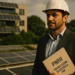 Imprenditore PMI osserva un impianto fotovoltaico sul tetto aziendale