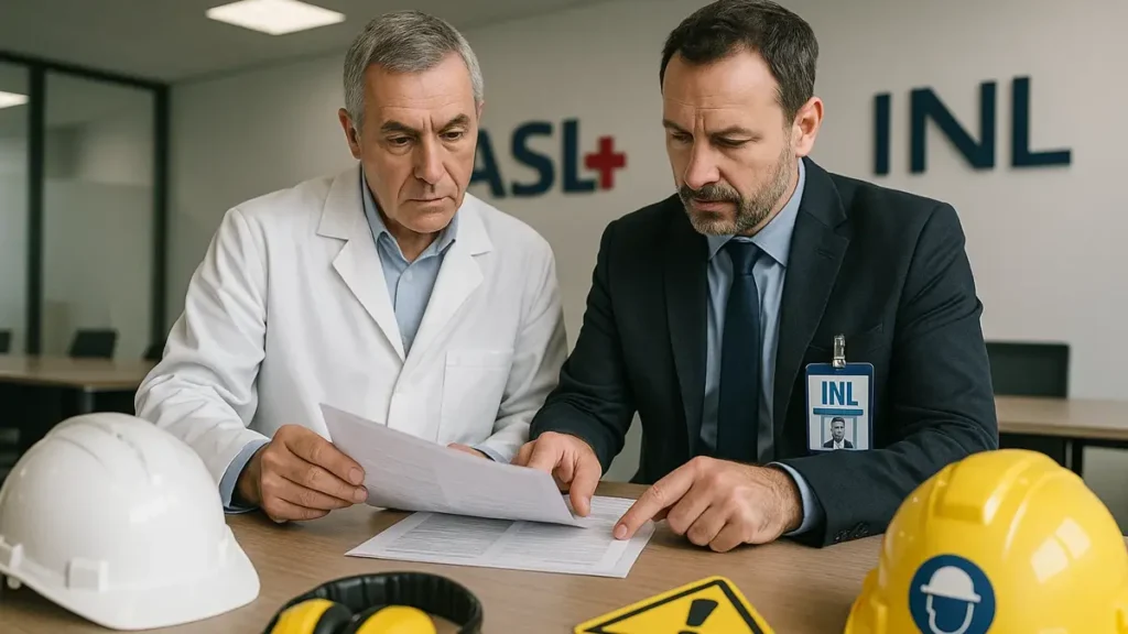 Ispettore del lavoro e ispettore ASL italiani a colloquio durante un controllo in azienda