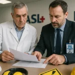 Ispettore del lavoro e ispettore ASL italiani a colloquio durante un controllo in azienda