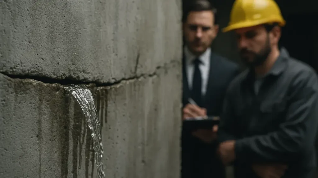 Muro di mattoni con crepa evidente da cui fuoriesce acqua