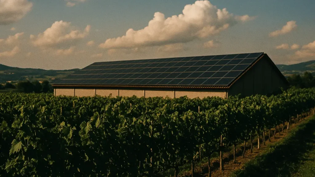 Pannelli fotovoltaici installati sul tetto di un capannone agricolo in Campania