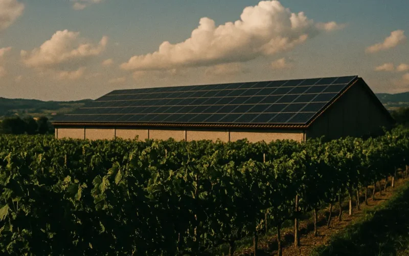 Pannelli fotovoltaici installati sul tetto di un capannone agricolo in Campania