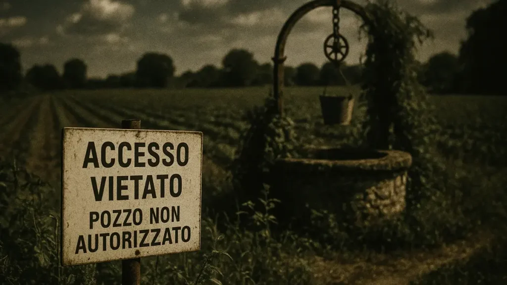 Pozzo artesiano in un campo agricolo con cartello