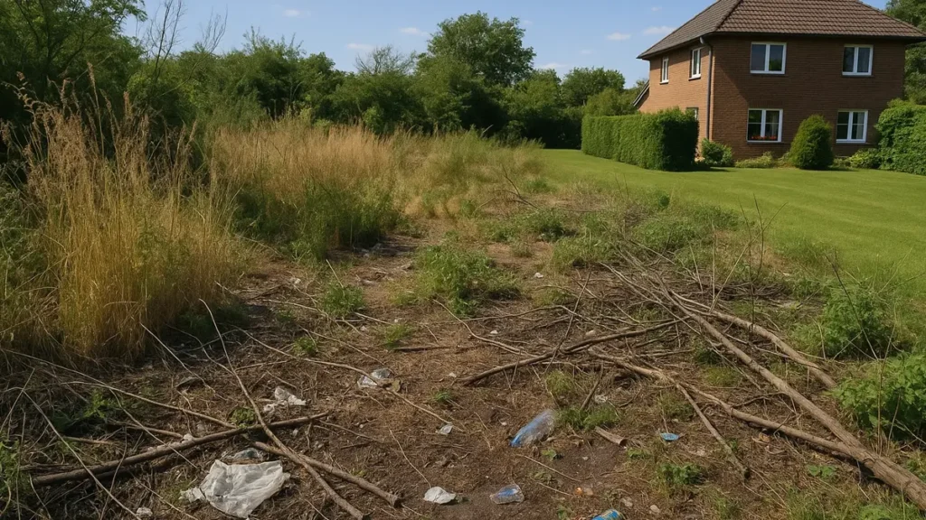 Terreno abbandonato con erbacce alte accanto a casa abitata