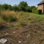 Terreno abbandonato con erbacce alte accanto a casa abitata