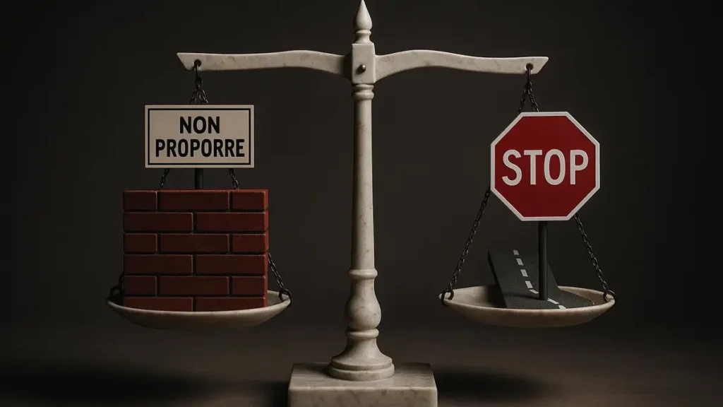 bilancia della giustizia con un segnale di stop e un punto interrogativo