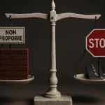 bilancia della giustizia con un segnale di stop e un punto interrogativo