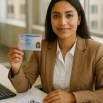 Donna extracomunitaria sorridente che mostra un permesso di soggiorno