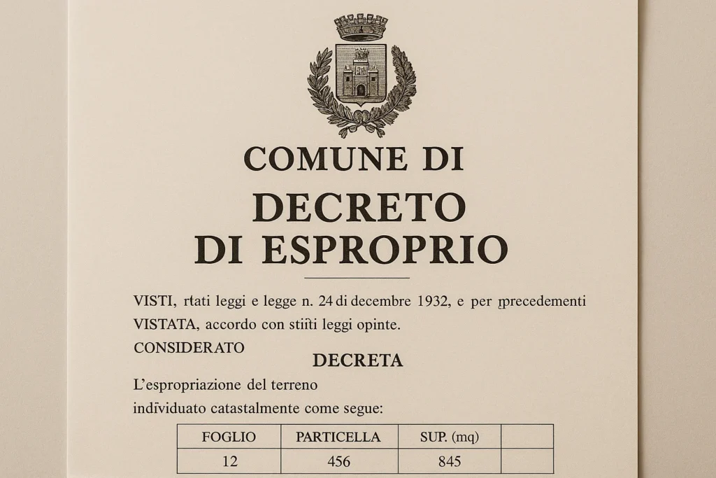Documento di esproprio terreno da parte del comune