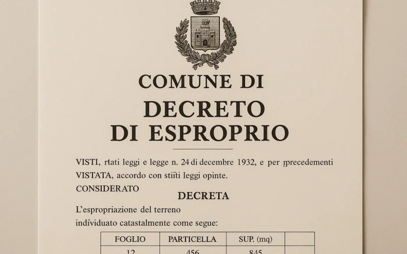 Documento di esproprio terreno da parte del comune